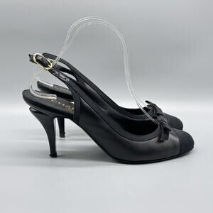 Chanel Shoes Womens 9 Black Slingback Strap Bow Cap Toe Pump Dressy Heels Italy